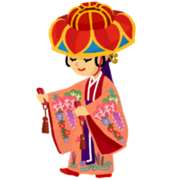 紅型を着て四つ竹を踊る女性（ピンク）