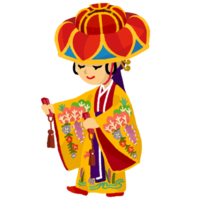 紅型を着て四つ竹を踊る女性（黄）