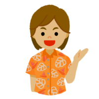 かりゆし（オレンジ）の女性（片手上げ）上半身