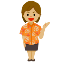 かりゆし（オレンジ）の女性（片手上げ）全身