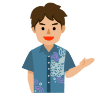 かりゆし（青）の男性（片手上げ）上半身