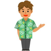 かりゆし（緑）の男性（片手上げ）全身