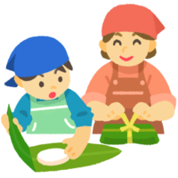 ムーチー（鬼餅）を作る親子