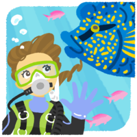 スキューバダイビング（女性とナポレオンフィッシュ）