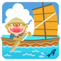 帆かけサバニに乗っているシーサー・海